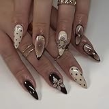 BABALAL Polka Dot Press on Nails Brown Fake Nails, Almond Medium, 3D Flower Handmade, Ombre, Trendy Handmade, 24Pcs Stiletto Full Cover Acrylic False Nails