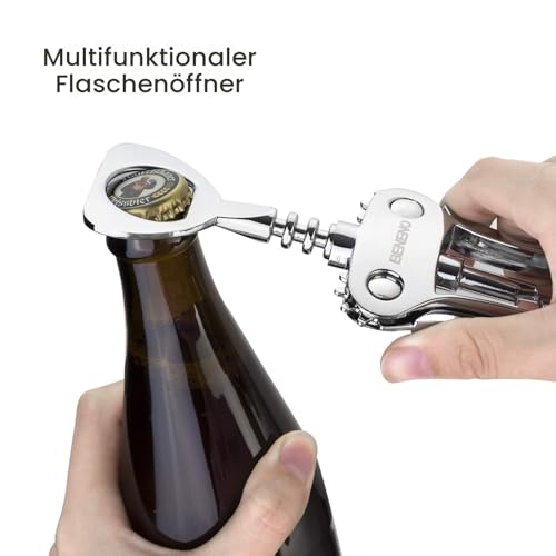 Foto von Beneno Weinflaschenöffner, BENENO Zinklegierung Premium Flügelkorkenzieher Weinöffner mit multifunktionalen Korken und Kappen Flaschenöffner, Silber