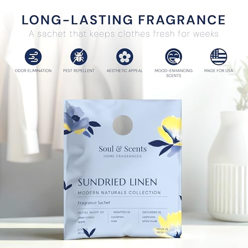 Image of Soul & Scents Sundried Linen Fragrance Sachet | A Comforting Aroma of Pure Cotton | Long-Lasting Air Freshener for Car, Wardrobe, Kitchen, and Travel Bag | Pack of 3-20gm Each
