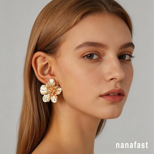 Large Gold Flower Earrings for Women, Chunky Petal Design Stud Earrings, Lightweight Hypoallergenic Stainless Steel Jewelry for Party, Holiday Festive Fall Outfits, Elegant Gifts for Her-gold by Nanafast - Image 3