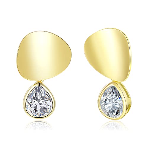 Gold Earrings For Women Trendy 14K Gold Plated Dangle Drop Cubic Zirconia Earrings Lightweight Dainty Earrings Bezel Set Solitaire Cz (Yellow Gold) #TOP11