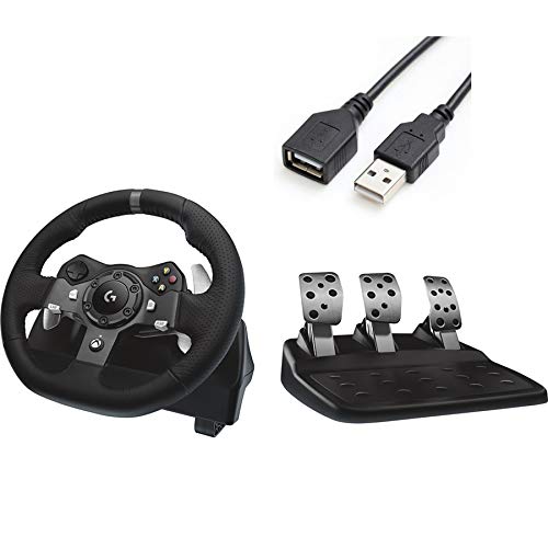 Premium 2020 Logitech G920 Dual-Motor Feedback Driving Force Racing Wheel with Responsive Pedals for Xbox One/PC + iCarp USB Extension