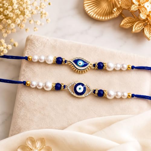 Image of CraftVatika Evil Eye Rakhi Set for Brother, Premium Evil Eye Designer Rakhi Set of 2, Rakhis for Rakshabandhan, Protective Nazar Raksha Sutra, Raksha Bandhan Thread with Best Wishes Card & Tillak Set