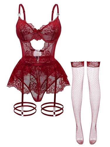 Image of Foxiny Sexy Lingerie Set 3 Piece Women Corset Bodysuit | Sheer Mesh Lace Push-Up Underwire Heart Garter Stocking Plus Size Curvy Exotic Costume Halloween Christmas Valentine's Day