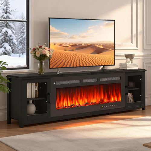 oneinmil 80' Fireplace TV Stand, 50 Inch Electric Fireplace & Modern Entertainment Center, TV Console with Adjustable Shelf & Glass Door for TVs Up to 90', Fire Place TV Stands for Living Room, Black