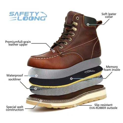 Image of Moc Toe Work Boots for Men Waterproof Soft /Steel Toe Comfortable Full Grain Leather Non Slip Wedge Outsole Construction 6 inch Workboots