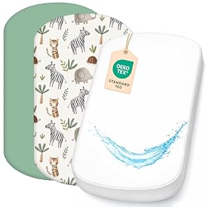 Lovely Hippo 2X Spannbettlaken 100% Baumwolle + 1X Matratzenschoner 100% wasserdichtem Material - Set 3X - Kompatibel Chicco, Kinderkraft (Savanne, 60 x 80 cm)