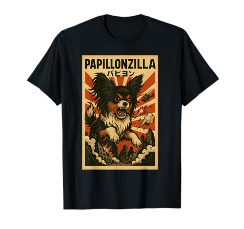 PapillonZilla Parody Japanese Art Papillon Dog Mom Dad T-Shirt