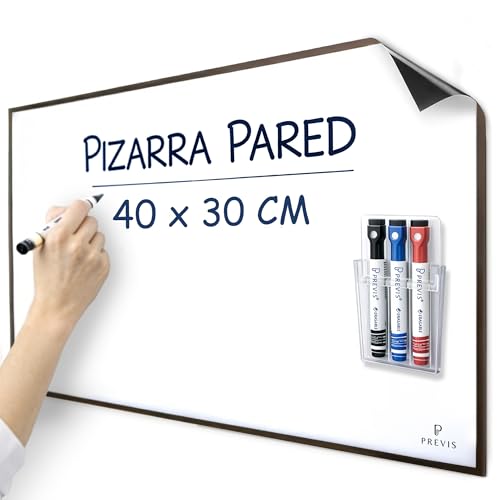 PREVIS Pizarra Adhesiva Pared Blanca Magnetica A3 40x30cm + 3 Rotulador Borrable - Papel Pizarra Adhesivo Pared - Rollo Vinilo Hogar y Oficina - No Daña Pared Fácil de Trasladar