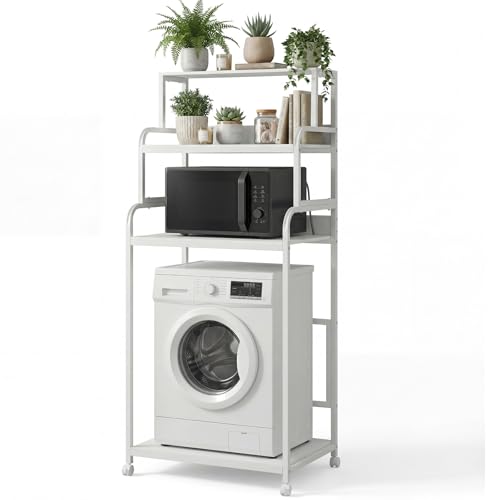 Image of CroBlissful 3 Tier Mini Fridge Stand with Storage with Wheels, Microwave Stand with Storage, Multi Purpose Organizer Shelf for Dorm, Kitchen, and Office(White, 17.7" d x 25.2" w x 61.6" h)