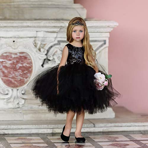 Image of Toddler Girl Baby Lace Flower Sequin Tutu Dress Tulle Pageant Wedding Party Formal Girls Dresses Black 4-5T