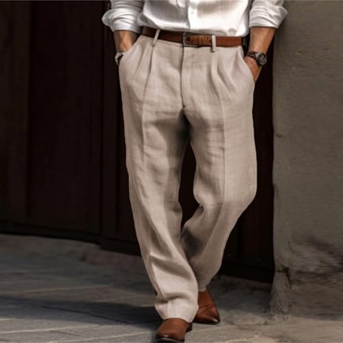 Men Casual Pants Linen Double Pleated Front Bag Belt Straight Leg Trousers Comfortable Breathable Business Work Pants2