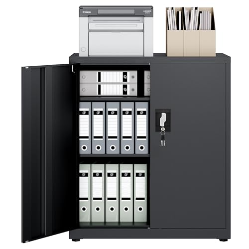 LAND·VOI Armario de Acero 3 Estantes con Cerradura Estantes Ajustables Puertas Dobles Armario de Oficina Mueble de Metal para Oficina Garaje Cocina Taller 80×40×91.5 cm Negro