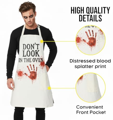 Image of Halloween Apron for Women Easy Halloween Costumes for Women and Men | Funny Scary Kitchen Gifts for Chef, Horror Bloody Adult Apron Costume for Couples with Pocket, One Size Fits Most, Off White