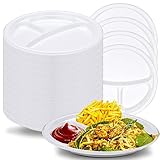 Umigy 100 Pcs 10 Inch 3 Compartments Divided Plastic Plates Bulk Colorful Disposable Heavy Duty Round Dinnerware for Valentine Wedding Birthday Party(White)