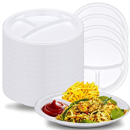 Umigy 100 Pcs 10 Inch 3 Compartments Divided Plastic Plates Bulk Colorful Disposable Heavy Duty Round Dinnerware for Valentine Wedding Birthday Party(White)