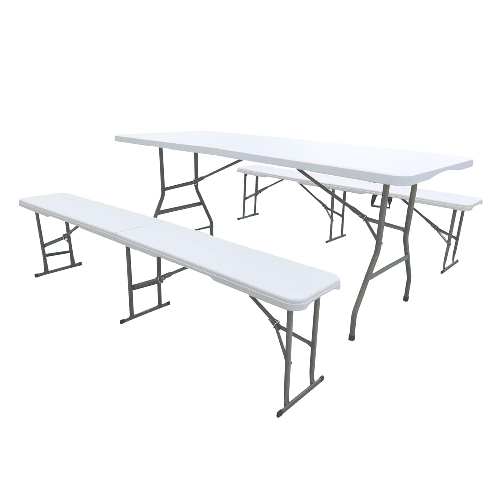 Set Da 3 Pezzi Tavolo + 2 Panche Pieghevoli Set Birreria Struttura Acciaio Impermeabile Uv Resistente Interno Esterno 180 Cm XXL 6/8 Per Feste Sagre Posti Maniglie Per Trasporto Giardino Campeggio