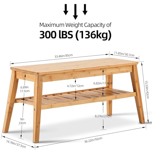 Nnewvante Bamboo Dining Bench, 33.46" Indoor Storage Bench, Small Wood Benches for Entryway, Living Room, Bedroom, Hallway, Outdoor Wooden Bench, Holds up to 300lbs