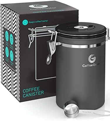 Coffee Gator Stainless Steel Coffee Grounds and Beans Container Canister with Date-Tracker, CO2-Release Valve and Measuring Scoop - Large, 22oz, Gray