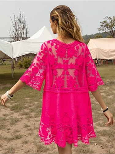 Image of Eomenie Women's Contrast Lace Bathing Suit Cover Up V-Neck Swimsuit Coverups Loose Swimwear Beach Dress Beachwear