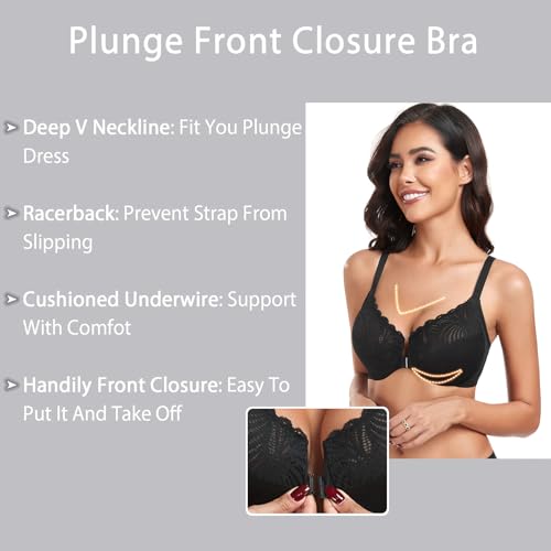 Image of HACI Women's Front Closure Bra Underwire Unpadded T-Back Plus Size Lacy Full Coverage Racerback T-Shirt Unlined