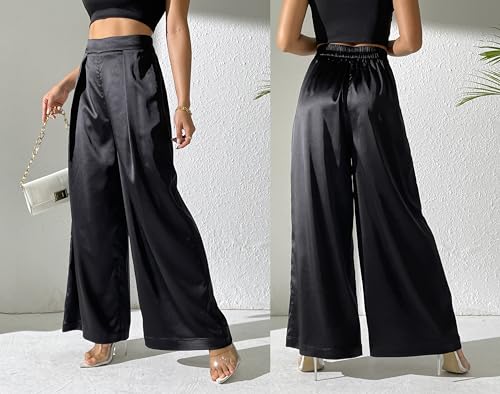 Women's Satin Wide Leg Palazzo Pants Plicated Silky Pull on Party Dress Casual Pant Trouser3