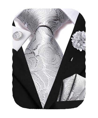 Image of Hi-Tie Men's Silk Ties Formal Woven Classic Necktie Pocket Square Cufflinks Lapel Pin Set Wedding Business