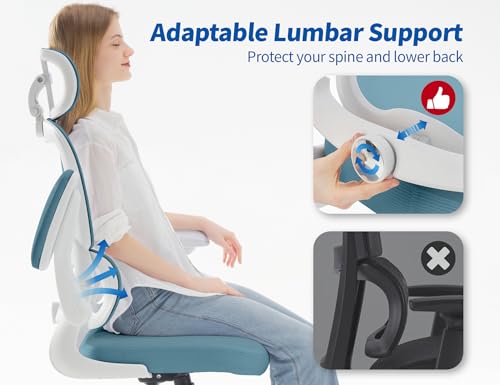 Image of TRALT Ergonomic Office Chair - Desk Chair with Adjustable Headrest Lumbar Support Computer Chair - Mesh Comfy Chair with Flip-up Armrests - Gaming Chairs for Adults Home Office (PU Leather, Blue)