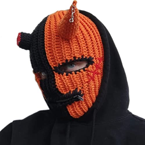 ARVOV Cagoule en corne de diable pour Halloween - Cagoule amusante à capuche - Chapeau de fête d'Halloween, Fermeture éclair orange et noire, Large Cover