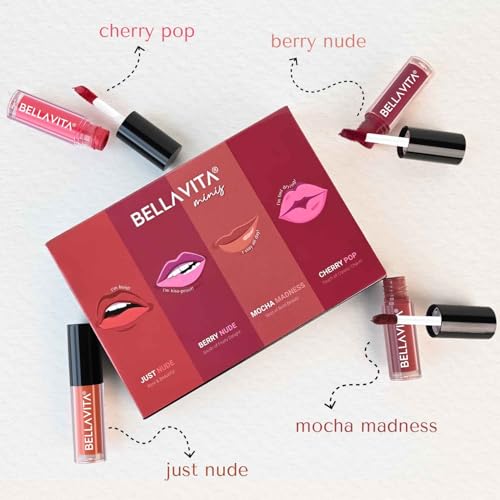 Image of Bella Vita Organic Mini Kiss Proof Liquid Lipstick Gift Set of 4x2ml | Smudge & Transfer-Proof | Intense Moisturisation | Just Nude, Berry Nude, Mocha Madness, Cherry Pop | Lipstick Combo Set