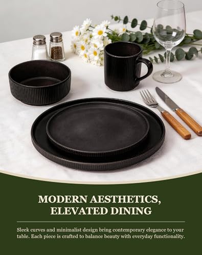 Image of OTAGO 16-Piece Dinnerware Set for 4 with Mugs, Ribbed Stoneware Plates and Bowls Sets, Unique Handcrafted Reactive Glaze, Chip and Scratch Resistant Dish Set, Microwave & Dishwasher Safe, Black
