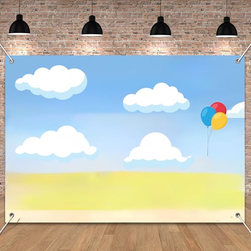 Image of UMURILXY 8x6FT Cartoon Dog House Backdrop, Blue Sky Birthday Polyester Photography Background for Parties, Happy Birthday Photo Booth Prop Decorations
