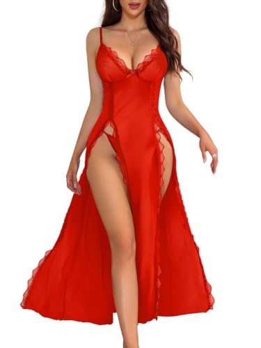 Foxiny Sexy Lingerie Dress Night Gowns with Thong 2 Pcs Satin Red L
