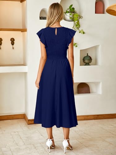 Image of Simplee Womens Striped Midi Summer Dress Linen Smocked Flutter Short Sleeve Dress Flowy Casual Dress with Pockets