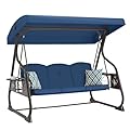 ZZW 3-Seat Patio Porch Swing 800LBS Outdoor Swing with Stand w/Canopy & Adjustable Backrest Patio Glider Chair w/Removable Pillows & Foldable Side Tray for Balcony Garden Deck (Blue)
