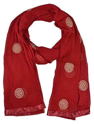 Image of YOUTHQUAKE Golden Floral Embroidery Work Chiffon Dupatta for Womens & Girls with Fancy Moti Lace
