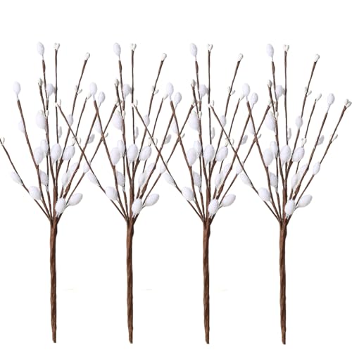 HERZONE Lot de 4 paquets de branches décoratives avec chatons en osier | Chaton de palmier | Plante artificielle pour décoration de Pâques | Printemps (blanc)