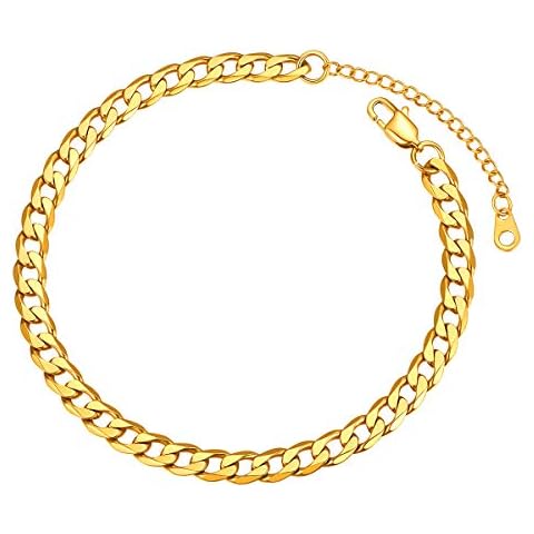 FOCALOOK Gold Anklet for Women Stainless Steel Curb Chain Ankle Bracelets Beach Jewelry Resizable 6mm Cuban Foot Chains Summer Accessories Cover