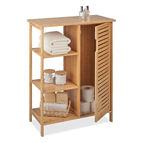 Relaxdays Badschrank Bambus, 3 offene Ablagen & Schrankfach Cover