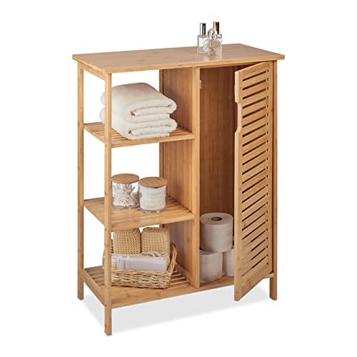 Relaxdays Badschrank Bambus, 3 offene Ablagen & Schrankfach, HBT: 87,5 x 67 x 33 cm, stehendes Badregal mit Tür, Natur