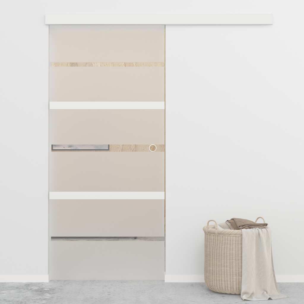 Porta scorrevole in vetro ESG e alluminio, 90 x 205 cm, argento con vetro smerigliato e strisce trasparenti, include binario in alluminio, fermaporta, guida a pavimento e pomello