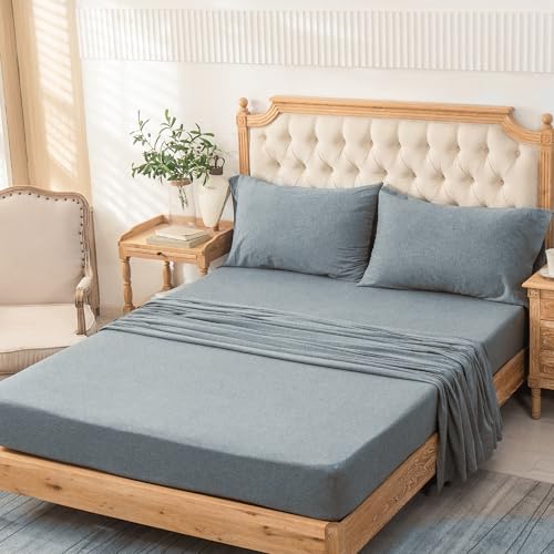 PURE ERA Jersey Knit 4pc Bed Sheet Set 100% T-Shirt Cotton Super Soft Comfy Breathable Fits Mattress Up to 20" Extra Deep Pocket (Heather Blueish Grey, Queen)