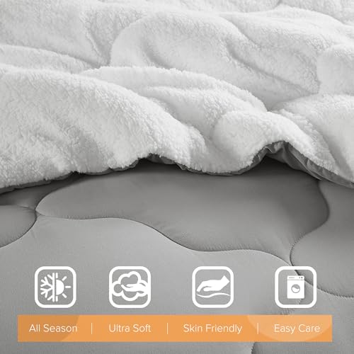 Image of Comfort Spaces Queen Comforter Set, Chic Reversible Quatrefoil Quilting, Sherpa Comforters Queen, All Seasons, Lightweight Microfiber Bedding Set Matching Sham, Vixie, Full /Queen Grey /White 3 Piece