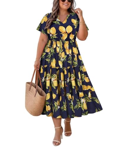 Image of TIYOMI Women Plus Size Dress Boho V Neck Short Sleeve Beach Maxi Dresses Floral /Stripe /Leaves /Lemon XL-5XL