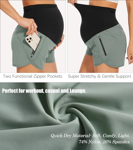 Image of PACBREEZE Women's Maternity Shorts Over Belly Quick Dry Workout Athletic Running Shorts with Zipper Pockets
