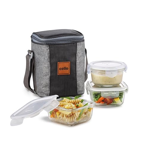 CELLO Glassy Mix Lunch Box with Jacket for Office, Transparent | 2 x 320ml, 1 x 240ml Glass Containers, Microwave Safe Leadfree Toughened Glass, Airti