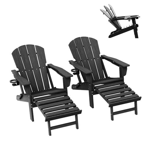 LOUNZY Folding Adjustable Adirondack Chair with Retractable Ottoman Set of 2,HDPE Recliner Adirondack Chair with Cup Holder for Deck Lawn Fire Pit,Bla