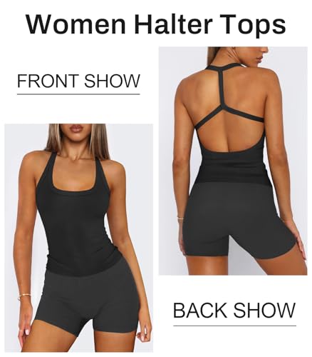 Halter Workout Tops for Women Racerback Ribbed Fitted Tank Tops Scoop Neck Split-Back Shirts for Yoga Athletic Sport2