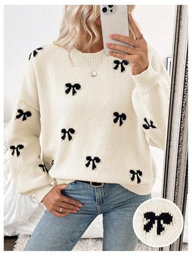 Image of BEAUDRM Women's Y2K Bow Print Sweater Crewneck Long Sleeve Drop Shoulder Knit Pullovers Sweaters Beige Large