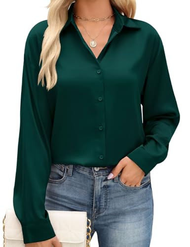 PASUDA Camisas Mujer Elegantes Blusas Manga Larga Raso Camiseta Otoño Informal Botón Camisa Moda Cuello en V Túnica Tops Casual Fiesta Empresa Trabajo Blusa(Verde Oscuro,XL)